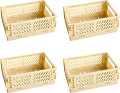 Queen-b 折りたたみ 収納 コンテナ 4個セット ミニ ボックス 小物入れ プラスチック 卓上 ケース デスク 整理 整頓 省スペース 積み重ね かご 組み立て 簡単 文房具 (イエロー,  大)
