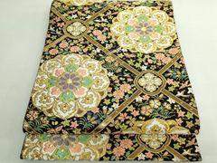 平和屋着物●極上　西陣　河合康幸謹製　六通柄袋帯　唐織　正倉院花鳥文　黒地　金糸　逸品　DZAB5562kh6 平和屋着物○極上 西陣 河合康幸謹製 六通柄袋帯 唐織 正倉院花鳥文