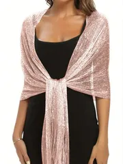 アクセサリー レディース スカーフ ピンクのきらめくメタリックショール、丸型バックル付き、エレガントで通気性のあるタッセルストール、女性のパーティー・バンケットドレス用アウターショール