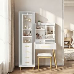 ドレッサー LEDメイクミラー付き 360°回転 スライド可動 3色切替無段階調光 ガラス天板 仕切り付き引き出し 2口コンセント USB搭載 高さ調節金属脚 専用スツール 大容量収納 化粧台