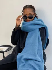 アクセサリー レディース スカーフ 1個 レディース ふわふわ ロング ウィンター スカーフ、暖かい ネックラップ、ブラック オーバーサイズ 厚手 フリンジ付きショール/ブランケットスカーフ、厚手 ニット フリンジ