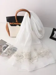 アクセサリー レディース スカーフ 1枚 桑絹刺繍スカーフ、手作り フローラル刺繍ショール、長いチャイナドレスコートスカーフ