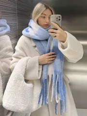 アクセサリー レディース スカーフ 1枚 秋冬ファッション ストライプ チェック フリース 暖かい レディース ライトブルー ブークレー ウール 厚手のマフラー、アクリル カシミアのようなあたたかいマフラー、ボヘミ