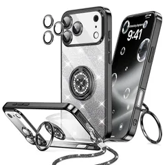 【新品】 iPhone 17 Pro Max ケース ダブルリングスタンド リストバンドブレスレット付き レンズ保護 グリッターカード プレミアム クリア レディース 高級 可愛い ハートデザイン 薄型 軽量 iPhone17 Pro Max 用 スマホケ 0