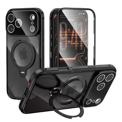 【新品】 360°回転スタンド iPhone 17 Pro Max 用 ケース フルーカバー リング付き 全面保護 透明 クリア Magsafe対応 縦横両対応 アイフォン17ProMax 全面カバー 両面ケース 9H強化ガラス ワイヤレス充電 一体型レン 0