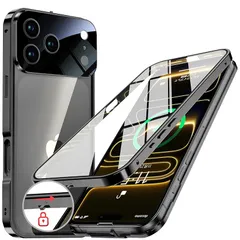 【新品】 NIANGUO【ロック機能付き・自動ポップアップボタン】 iPhone17 Pro Max 用 ケース クリア 【両面強化ガラス】 9H硬度 【一体型レンズ保護】 アイフォン17プロマックス カバー アルミバンパー メタルフレーム 耐衝撃 傷防止 0