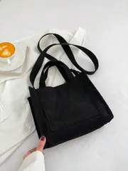 バッグ レディース ハンドルバッグ ミニマリスト コーデュロイ スクエア バッグ ミディアム ブラック ダブルハンドル