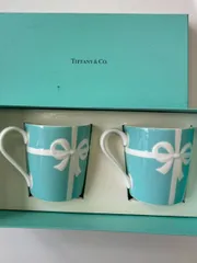 R【保管品】TIFFANY ティファニー マグカップ ペア ブルーリボン ライトブルー 人気デザイン かわいい 未使用品 箱付き