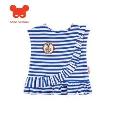 BEBE DE PINO ベベデピノ 新品/90 キッズ用 ブルー ボーダー柄 カートゥーン パータン フリル 袖 Tシャツ