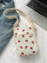 バッグ レディース ショルダーバッグ 1個 白いイチゴ デザイン レディース クロスボディバッグ、ミニ 携帯電話バッグ、化粧バッグ、収納バッグ、可愛いコーデュロイキャンバスバッグ 学生、オフィスワーカー、旅行者向け
