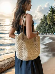 バッグ レディース トートバッグ 新作大容量トートバッグ、編み込みストロー デザイン ダブルハンドル、レディースビーチバッグ通勤、日々の買い物、旅行、ビーチ、エレガントで軽量なカジュアルポータブル、ティーンエイジャ