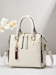 バッグ レディース ハンドルバッグ ワニ柄ハンドバッグ、白無地ファッションレザークロスボディバッグ、大容量通勤バッグ、クラシックラグジュアリーPUレザーハンドバッグ、スタイリッシュトップハンドルショルダーバッグ、ス