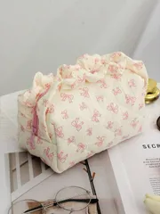 バッグ レディース クラッチバッグ 8角形チェック柄化粧ポーチ、メイクアップツール収納バッグ、トイレタリーバッグ、リボン柄化粧品&トイレタリー収納バッグ、フリル キルティング大容量メイクブラシ収納バッグ、女の子、女