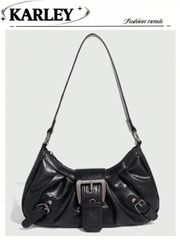 バッグ レディース ショルダーバッグ 1個 ビンテージ加工レザーモーターサイクルバッグ、リベットとバックルでデコレーション、ソフタッチ、折りたたみ仕様、クラウド型、ショルダーまたはクロスボディ対応、仕事、通勤、デー