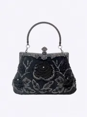 バッグ レディース ドレスバッグ 1個 黒いバラ刺繍ビーズ付きスパンコール フローラル装飾 メタルバインハンドル デザイン 1920年代 ヴィンテージ グラマラス エレガントなイブニングクラッチバッグ、女性の黒ビー