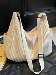 バッグ レディース ショルダーバッグ シンプルで多用途の無地コーデュロイショルダーバッグ レディース、大容量アウトドアバカンス旅行クロスボディバッグ、軽量カジュアルショッピングストレージメッセンジャーバッグ、プレッ