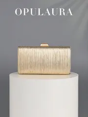 バッグ レディース ドレスバッグ レトロ高級クラッチバッグ、ゴールドレザー プリーツデザイン ファッションパーティーバッグ、チェーンストラップ付きエレガントなボックスハンドバッグ、パーティー/結婚式/フォーマルイベ