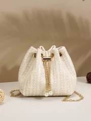 バッグ レディース ショルダーバッグ 2026年春夏新作 小麦わら編み ホワイト クロスボディバッグ、メタルチェーン バケツバッグ、ビーチ、パーティー、女性の休暇ギフト