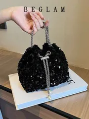バッグ レディース ドレスバッグ 1個 巾着式  スパンコール メタリック フェイクパール装飾 カラフルなバケツバッグ、ショルダーストラップ クロスボディリップケース、ファッショングラバッグ レディース パーティー