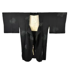 【大正ロマン】アンティーク 羽織 黒 葉紋様 モダン 羽裏ストライプ 粋 和装