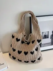 バッグ レディース ショルダーバッグ バックトゥスクールシーズン、 レディース ミニマリスト 大容量 ハート装飾 ニット ショッピングバッグ、カジュアル トートバッグ 旅行用トート、ハート柄 財布、バレンタインデー