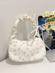 バッグ レディース ショルダーバッグ 1個 ホワイトナイロン生地 滑らかなジッパー リボン柄 巾着ショルダーストラップ デザイン ファッション 多用途 カジュアル サマー クロスボーダー 新ニッチ ショルダーバッグ