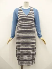 UNIQLO等 ロング丈ノースリーブワンピ+長袖セーター ニットコーディネート2点セット L相当 白青紺 ボーダー 青系 シンプル・カジュアル系 20代〜30代〜