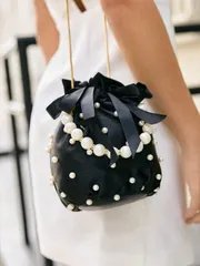 バッグ レディース ハンドルバッグ ミニ フォーパール & ラインストーン装飾 バケットバッグ ファッション ラグジュアリー シック ミニパールハンドル バケット型ショルダーバッグ パールビーズ付きイブニングハンド