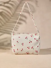 バッグ レディース ショルダーバッグ 1個 いちご&さくらんぼ柄コーデュロイ レディースクロスボディバッグ、調節可能な肩ひも、スクエアトートバッグ、複数のポケット、ジッパー開閉、学生や旅行者に最適、かわいいフローラ