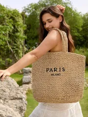 バッグ レディース ハンドルバッグ カジュアル 大容量 ストロートートバッグ デザイナーロゴ レディースハンドバッグ ハンドメイド 編み込み サマービーチバッグ ビッグショッパー、ホリデー必需品、旅行、バカンス、ホ