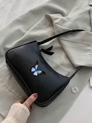 バッグ レディース ショルダーバッグ ワンショルダーミニバッグ 無地 PUレザー 小型バッグ ミニマリスト カジュアル 多用途ハンドバッグ、蝶プリント大容量ジッパーバゲットバッグ、コインケース、ショッピング、デート