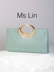 バッグ レディース ドレスバッグ 軽量、ビジネスシック ダイヤモンド装飾バケツバッグミニ、美しいミントグリーンストライプ装飾ハンドバッグ、メタルチェーンショルダーストラップ、エレガントで洗練された、静かなラグジュア