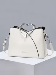 バッグ レディース ショルダーバッグ シンプルな白いハート装飾ハンドバッグ、大容量マルチレイヤーショルダーバッグ、女の子、女性、大学生、若手プロフェッショナル、オフィスワーカーに適しています。仕事、ビジネス、通勤、