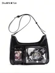 バッグ レディース ショルダーバッグ Y2Kファッション カジュアル ミニマリスト ストリート 通勤 大容量 レディース スクールスタイル オイルワックスレザー トランスペアレントバッジ ショルダーバッグ クロスボ