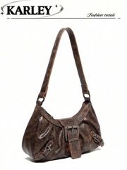 バッグ レディース ショルダーバッグ 1個 ビンテージ加工レザーモーターサイクルバッグ、リベットとバックルでデコレーション、ソフタッチ、折りたたみ仕様、クラウドシェイプ、ショルダーまたはクロスボディ対応、仕事、通勤