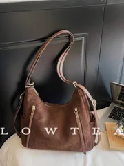 バッグ レディース ショルダーバッグ 1個 低めのティーカラー スエード生地ショルダーバッグ、レディースレトロファッションホーボーバッグ、三日月型ショルダーバッグ、トップハンドル デザイン、ジッパー開閉、調節可能な