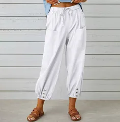 【ホワイト】レディース パンツ ワイド ワイドパンツ 九分丈 無地 ゆったり ウエストゴム ポケット付き 体型カバー カジュアル 夏 春
