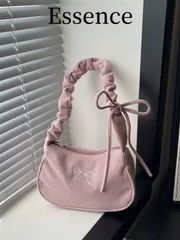 バッグ レディース ショルダーバッグ 1個 ピンクのコーデュロイ ショルダーバッグ、刺繍リボンデコレーション、プリーツデザイン、レディース、秋冬