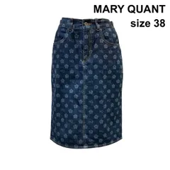◇ マリークワント MARY QUANT デニムスカート 膝丈 セミタイト ロゴプリント 後ろスリット ネイビーグレー 綿 38 M 9号 レディース Z6B697のサムネイル