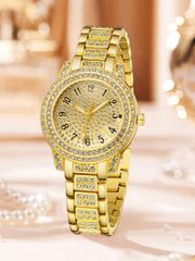 Ladies' Quartz Watch, 1pc, Gold Metal Band, Elegant Women's Watch, Luxury Fashion Diamond Decoration, Digital Scale, Round Quartz Watch, Easy to Match with Daily Wear, Perfect for Girlfriend or Mom