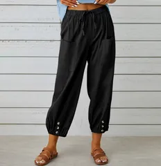 【ブラック】レディース パンツ ワイド ワイドパンツ 九分丈 無地 ゆったり ウエストゴム ポケット付き 体型カバー カジュアル 夏 春