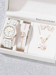 Ladies' Watch Set of 6, White PU Silicone Watch Bands, Fashion Digital Quartz Watches, Butterfly Decoration Bracelet Necklace Ring Jewelry Set, Suitable for Daily Wear and Holidays