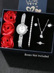 腕時計 レディース セット ステンレススチールバンド付き レディース腕時計セット、輝くラインストーンデコレーション、丸型ダイヤル、クォーツ式ムーブメント、ネックレス、ピアス、リング、ブレスレットのジュエリーセット付