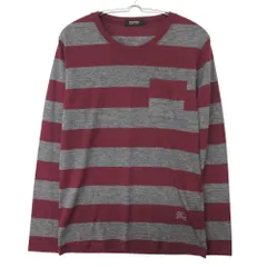 BURBERRY BLACK LABEL バーバリーブラックレーベル 長袖Ｔシャツ ボーダー柄 ホースロゴ刺繍 クルーネック アクリルウール混 長袖 トップス ワインレッド 2【M】 メンズ 【中古】