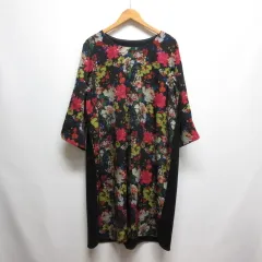 リッシュユー Riche You 花柄 フラワープリント 切替え ワンピース 3L-4L 大きいサイズ 黒 ブラック 七分袖 日本製