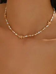 ジュエリー レディース ネックレス 1個 夏 ハンドメイド ビーズ ゴールド ヒトデネックレス、ビーチ オーシャンテーマ デザインジュエリー レディース、デイリーウェアやビーチパーティーに適しています