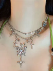 ジュエリー レディース ネックレス 1個 ファッショナブルなヴィンテージラインストーン蝶ペンダントスター & ムーンチャームチェーンマッチステンレス鋼の女性のネックレス