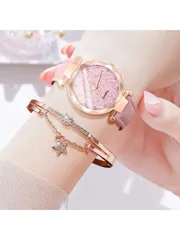 腕時計 レディース セット 1個 レディース かわいい シンプル 星柄 クォーツ腕時計と1個ハートのディテール ブレスレット 学生の方へのバレンタインの贈り物
