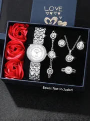 腕時計 レディース セット この洗練されてチャーミングな女性用ウォッチセットには、ラインストーン付きのジンクアロイウォッチバンド、丸型クォーツウォッチ、ネックレス、ピアス、リング、ブレスレットが含まれています。この