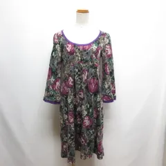 ブージュルード Bou Jeloud 七分袖 フラワープリント 花柄 ワンピース FREE グレー×紫